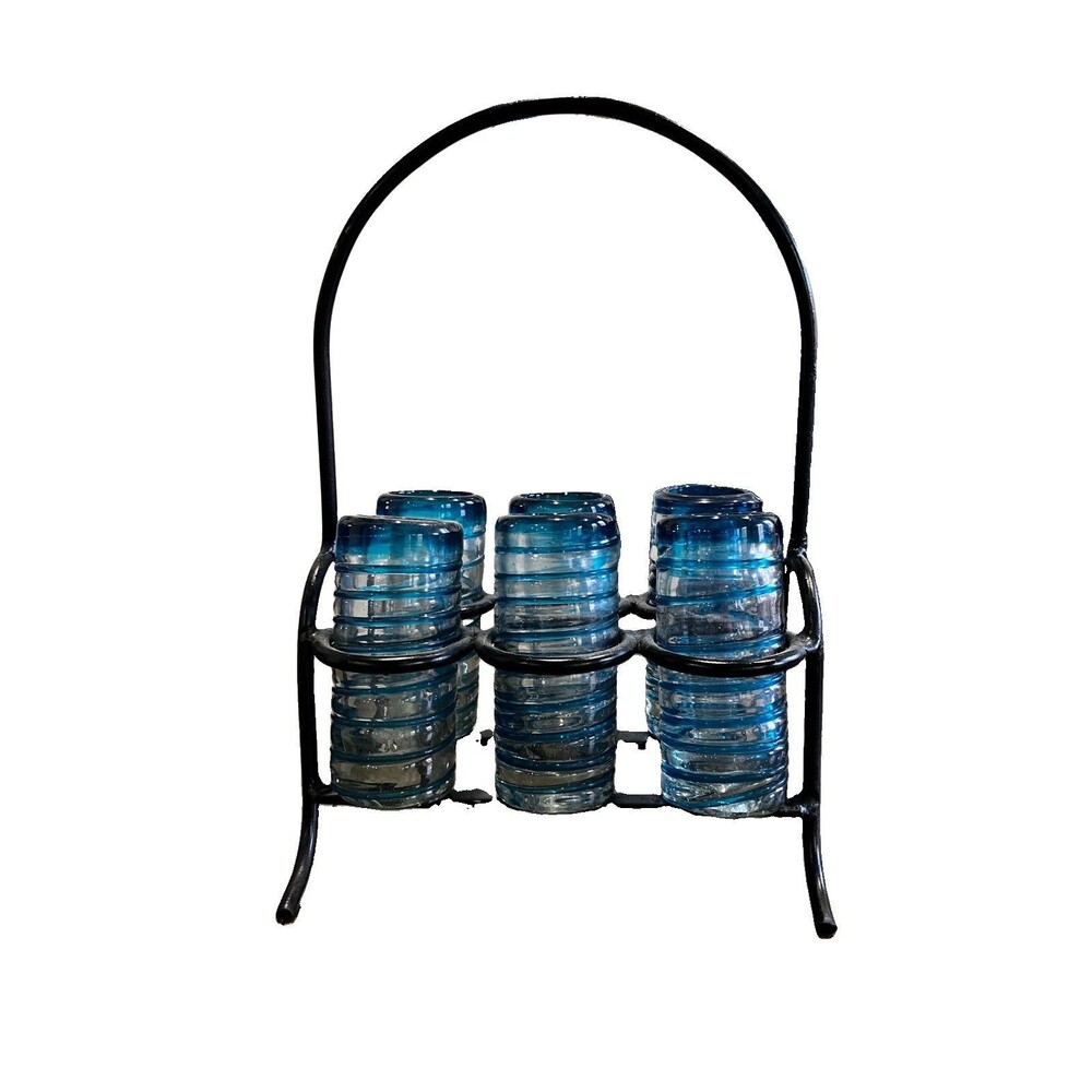 Set of 6 Mexican Hand Blown Confetti shot glasses and Metal Carrier, holder